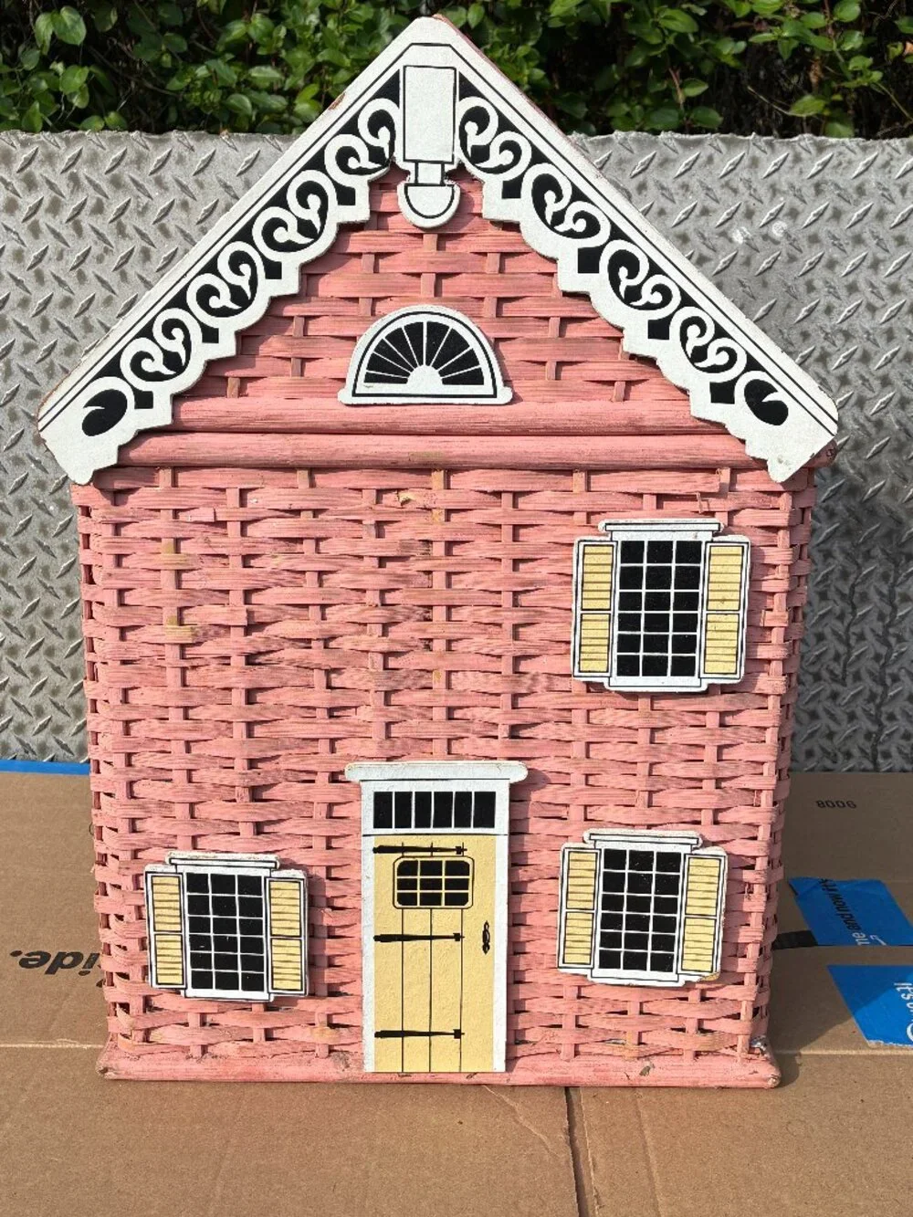Vintage Pink Wicker House Hamper Basket Toy Storage Dollhouse Madeline Style